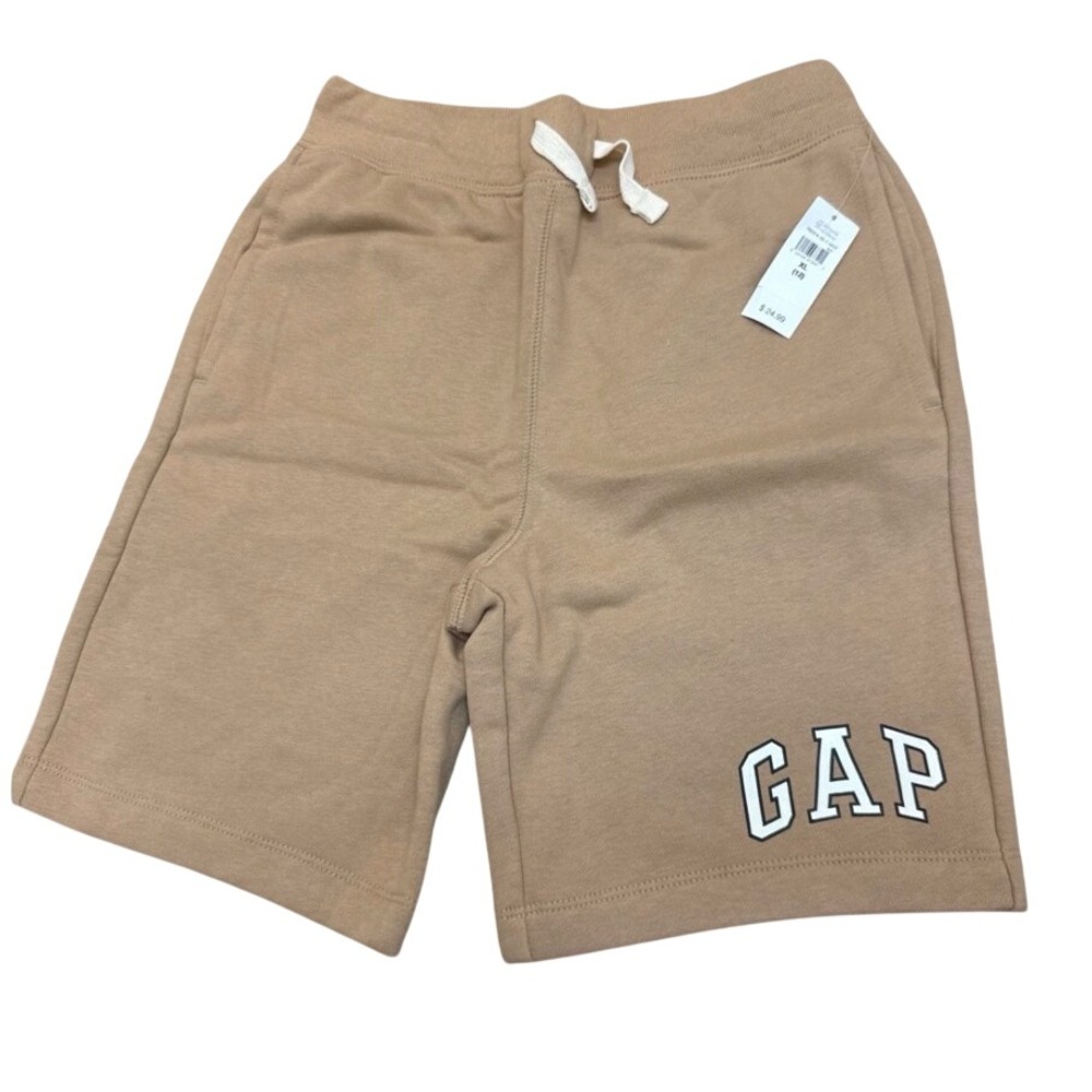 NWT Gap Kids Tan Fleece Logo Shorts XL 12 Khaki Pull On Drawstring Pockets